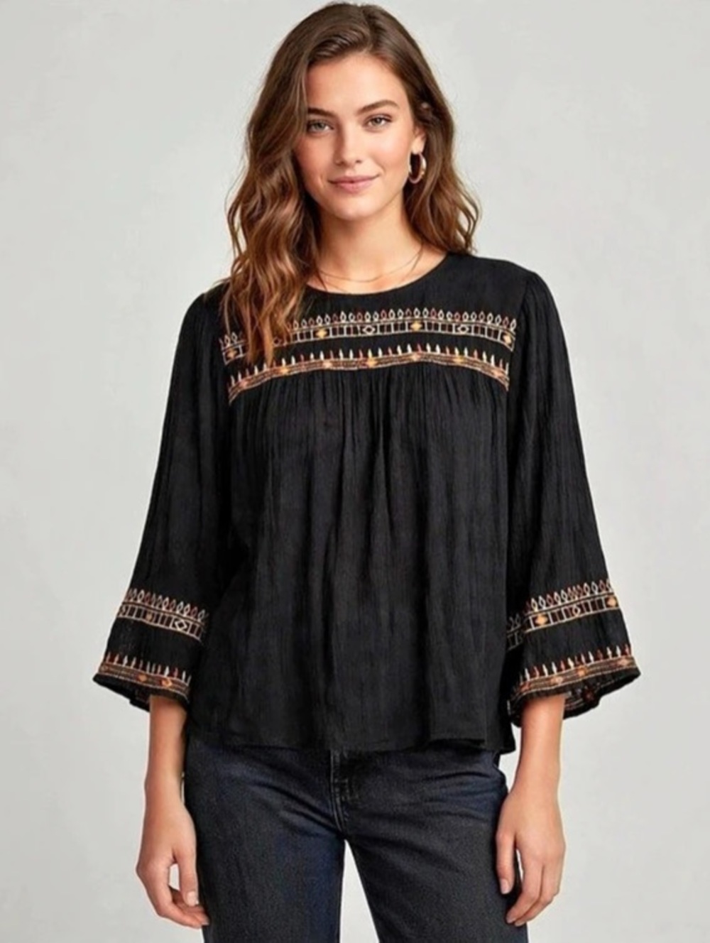 J.Jill Pure Jill Knit Embroidered-Sleeve Top Black Small